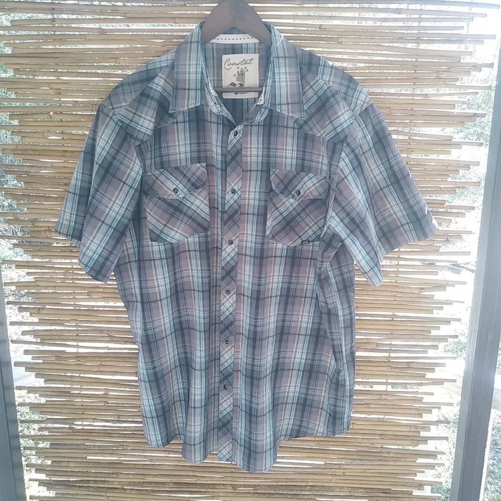 Coastal XXL Mens Tan Turquoise Plaid Snap Western Shirt